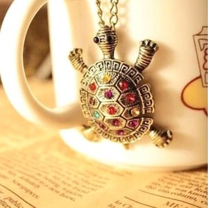 TURTLE Bronze & Colorful Rainbow Crystals Rhinestone Long Sweater Chain Necklace